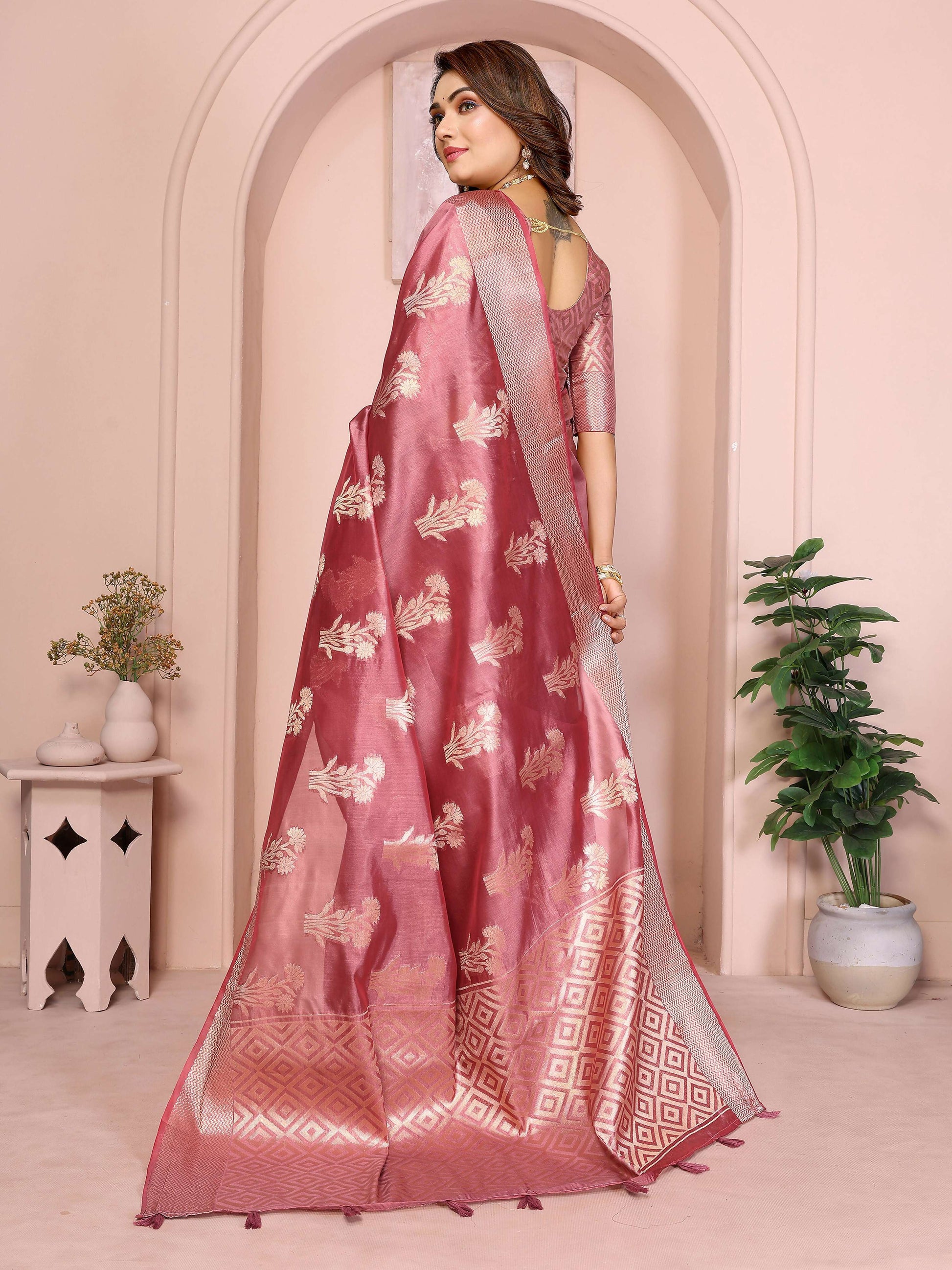 Aastha Fashion Dusty Rose Soft Organza Silk Weaving Saree
