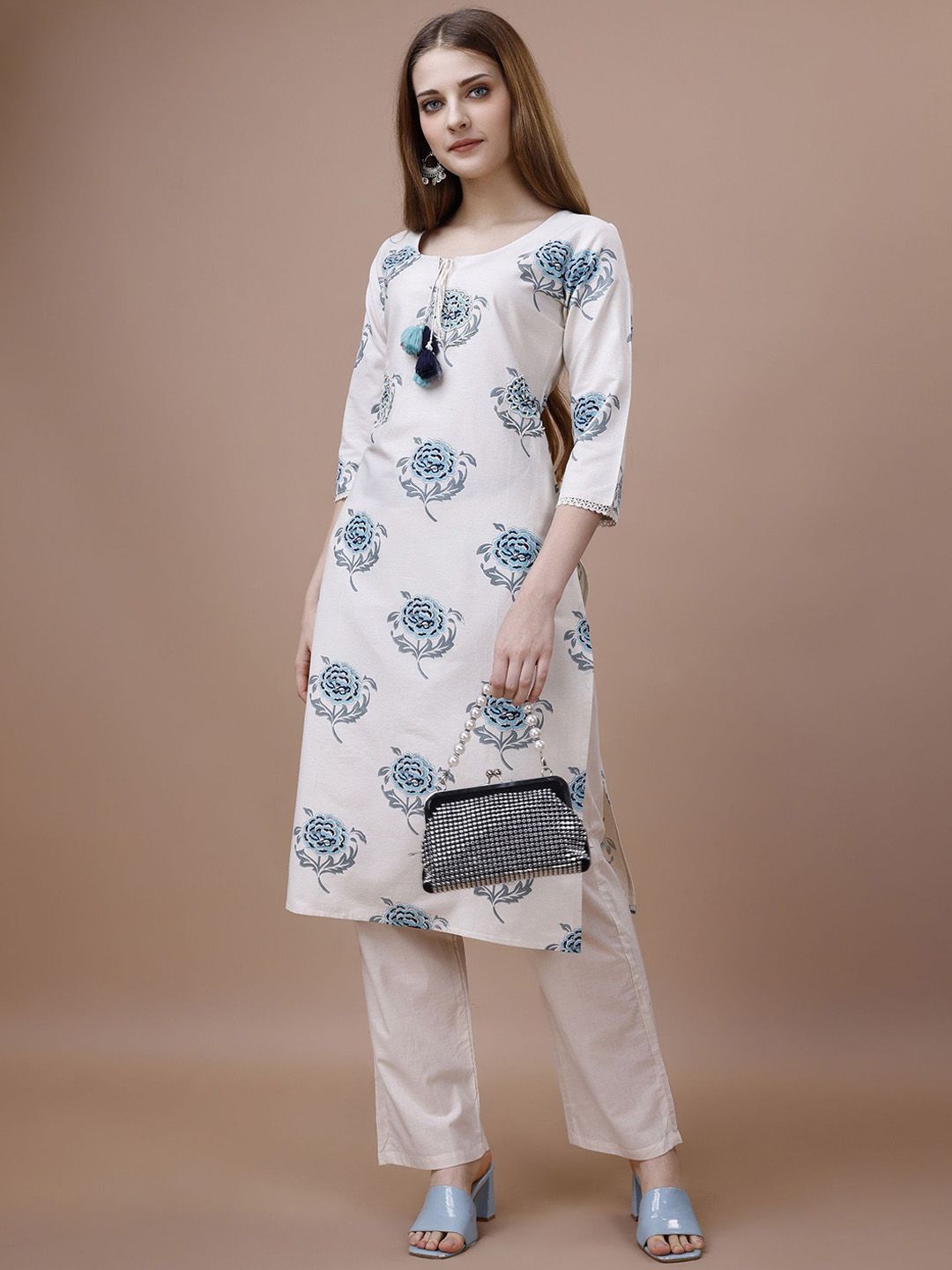 Ode by House of Pataudi Floral Printed Tie-Up Neck Cotton Straight Kurta - Swadesiicart