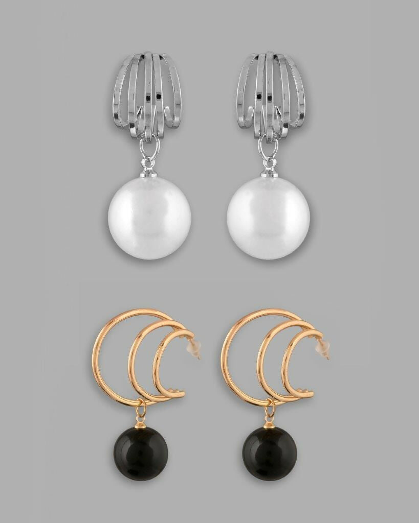 VOJ Set Of 2 Korean Drop Earrings - Gold-Polished With Black Pearl and Silver Plated With White Pearl Earrings - Swadesiicart
