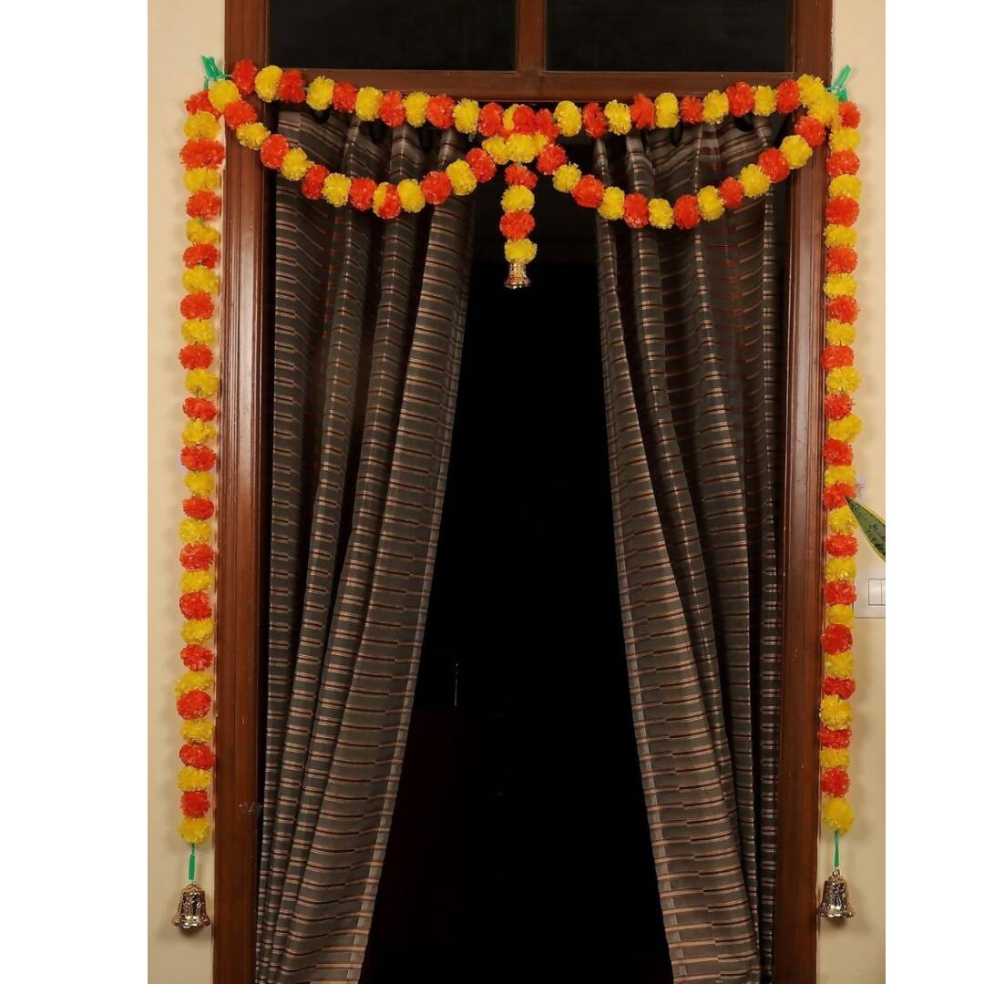 Tied Ribbons Yellow & Orange Door Hanging Garland Toran with Bells | Swadesiicart