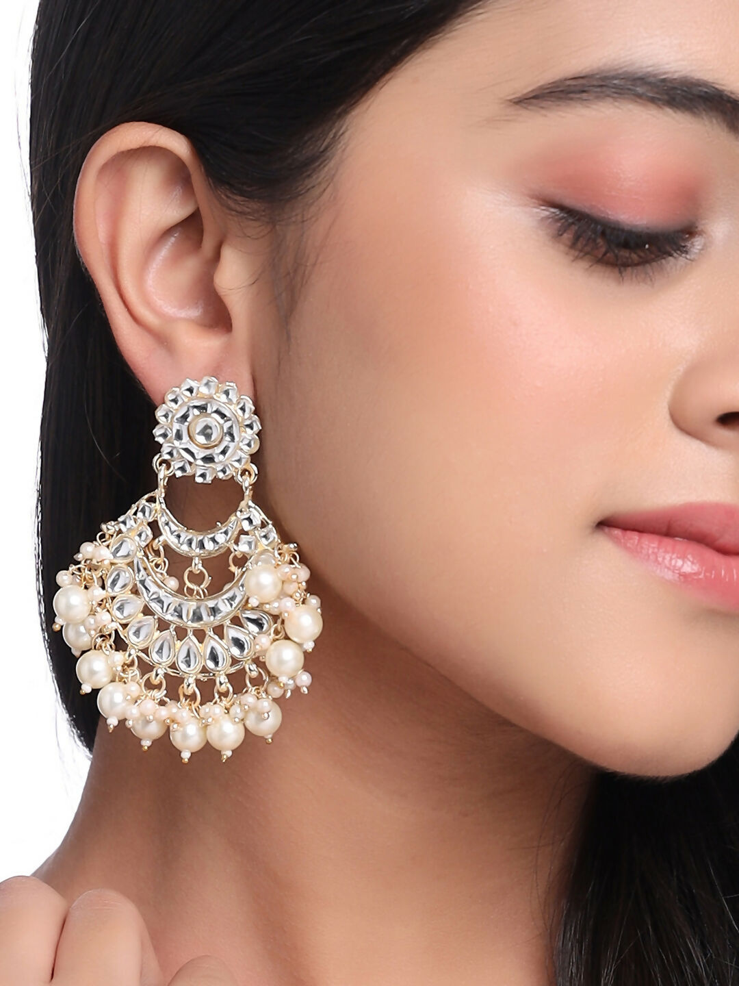NVR Women Gold-Polished Studded Kundan Chandbali Earrings | Swadesiicart