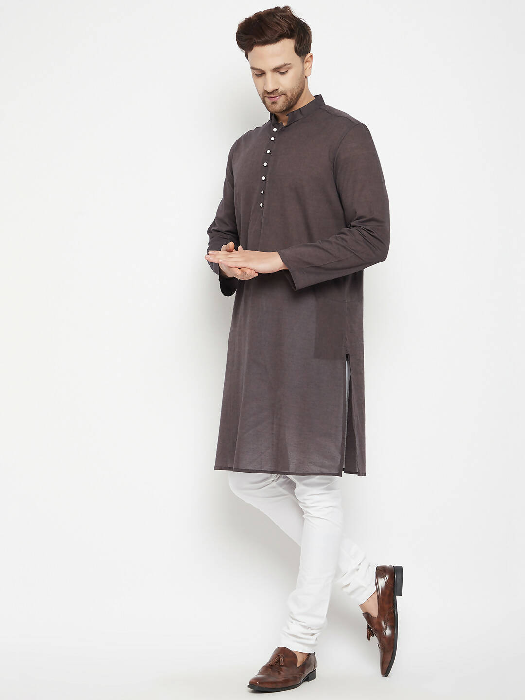 Even Apparels Brown Pure Cotton Long Men's Kurta With Band Collar | Swadesiicart