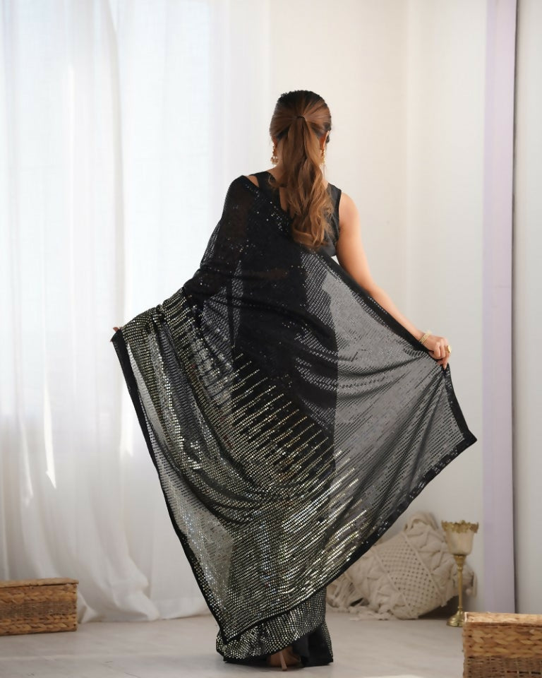 Black Georgette Designer Sequence Embroidery Work Saree - Sitare