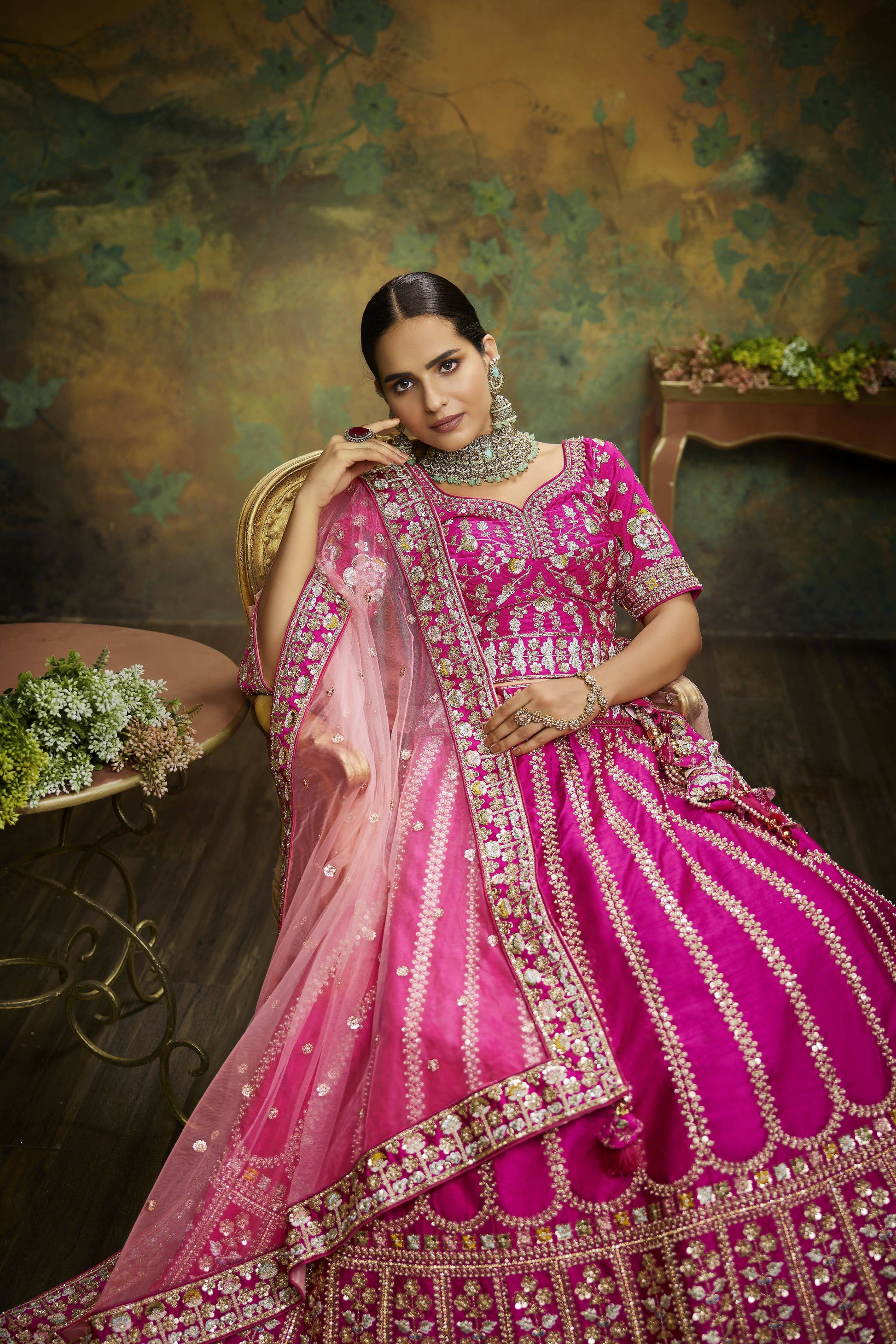 House of Panchhi Pink Pure Silk Moti & Zarkan heavy embroidery Lehenga choli & Dupatta | Swadesiicart