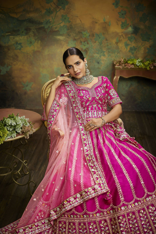 House of Panchhi Pink Pure Silk Moti & Zarkan heavy embroidery Lehenga choli & Dupatta | Swadesiicart