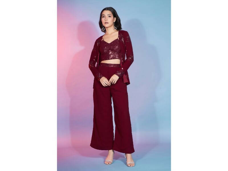 Red Georgette Sequence With Thread Designer Co-Ord Set - Flory - Swadesiicart