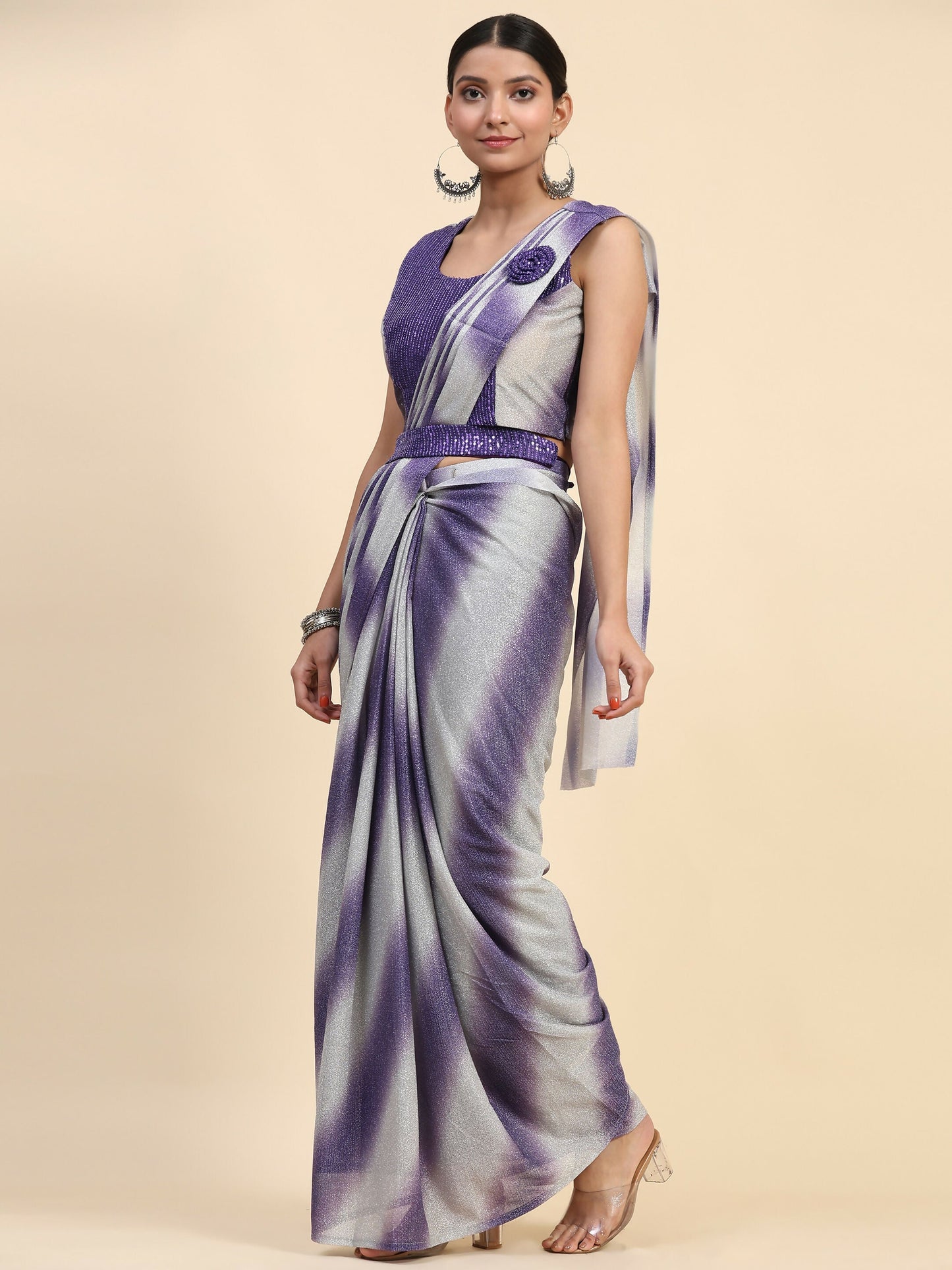 Purple Polyester Solid Ready to Wear Saree with stitched Blouse - Aayan | Swadesiicart