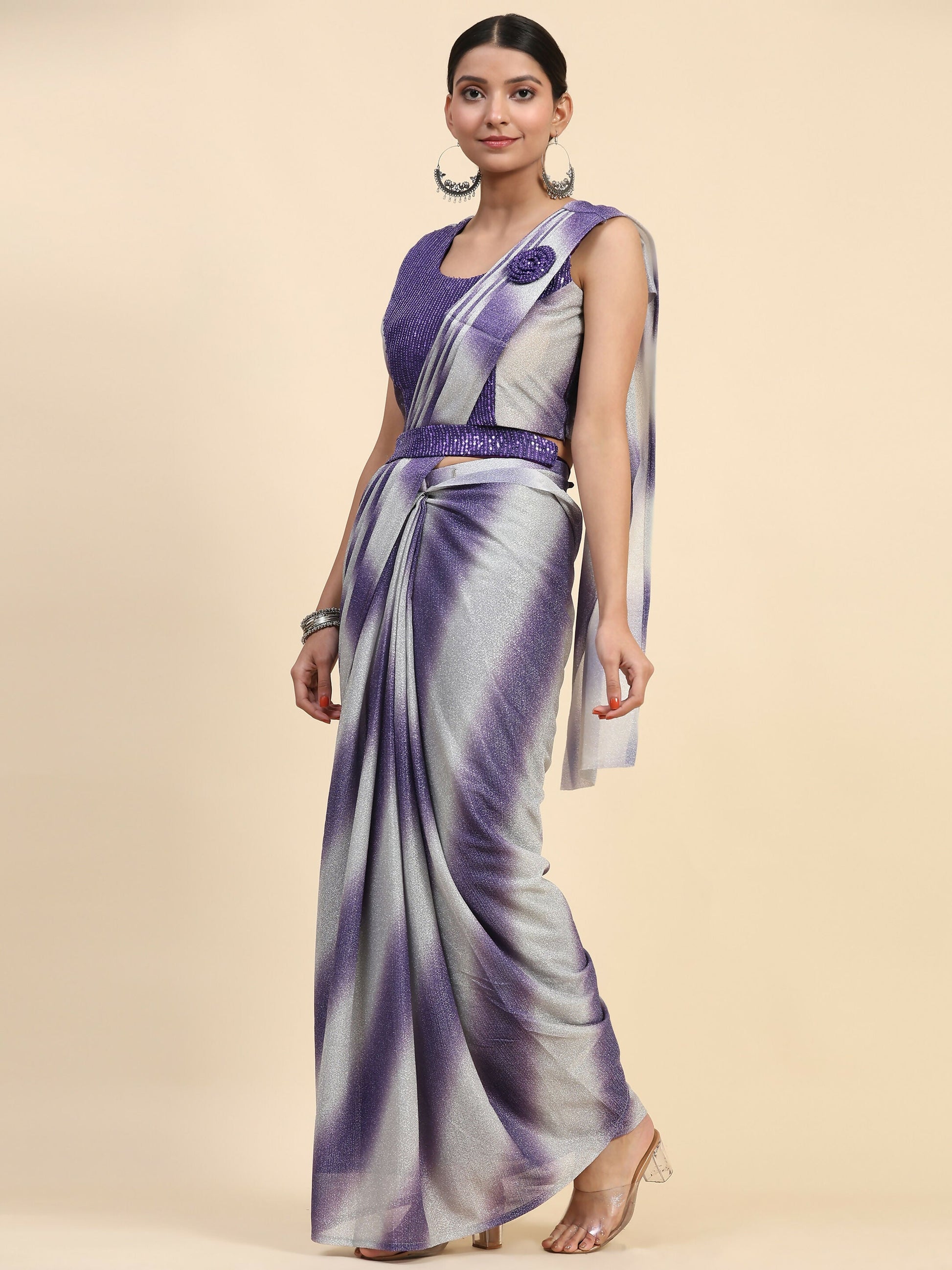 Purple Polyester Solid Ready to Wear Saree with stitched Blouse - Aayan | Swadesiicart