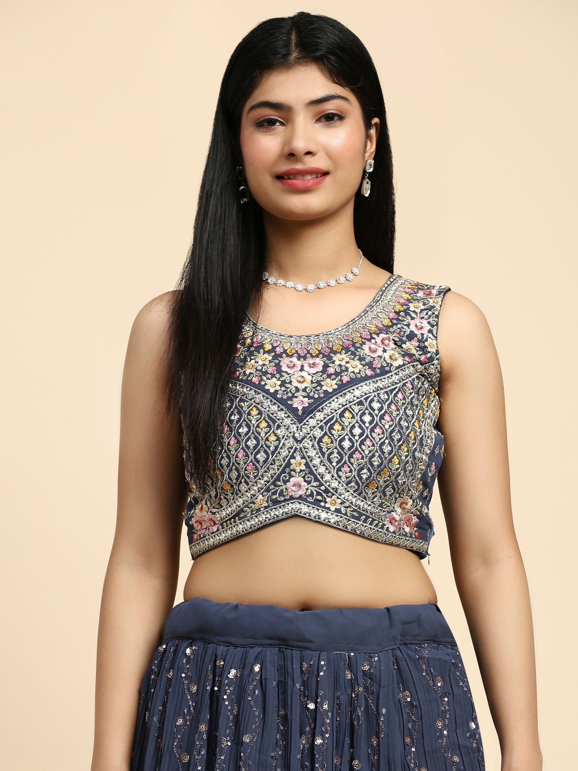 Dark Grey Georgette Embroidered Lehenga choli with Dupatta - Dhara | Swadesiicart