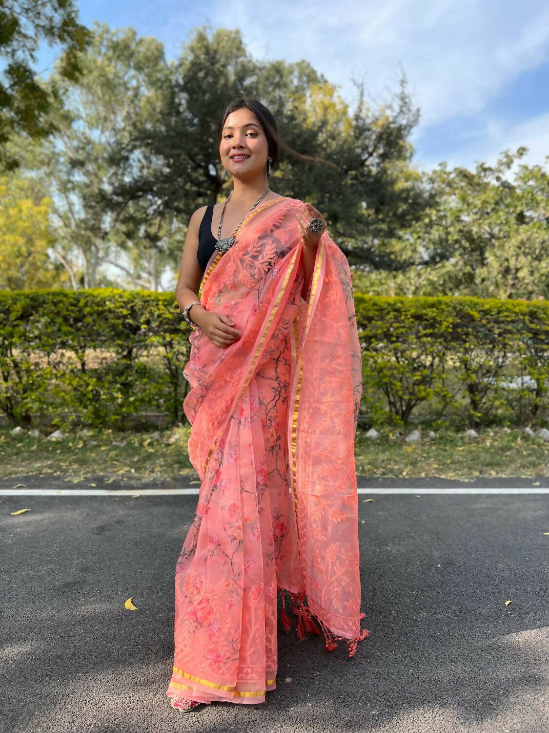 Vamsee Peach Organza Saree - Swadesiicart