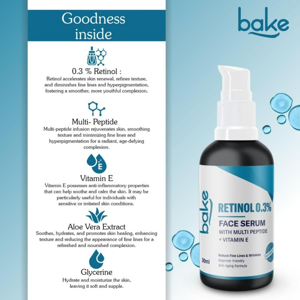 Bake 0.3% Retinol Beginner Friendly Face Serum With 2% Multi Peptide & Vitamin E | Swadesiicart