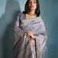 Vishnu Weaves Women's Grey Raw Silk Zari Woven Saree with Blouse - Swadesiicart