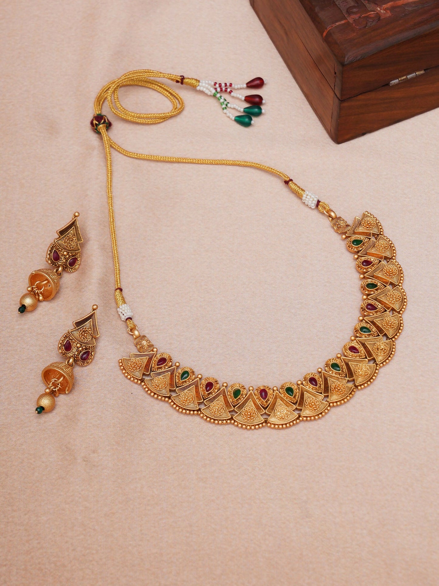 Temple Choker with Matching Jhumki Jewellery Set (Gold) - Ruby Raang - Swadesiicart