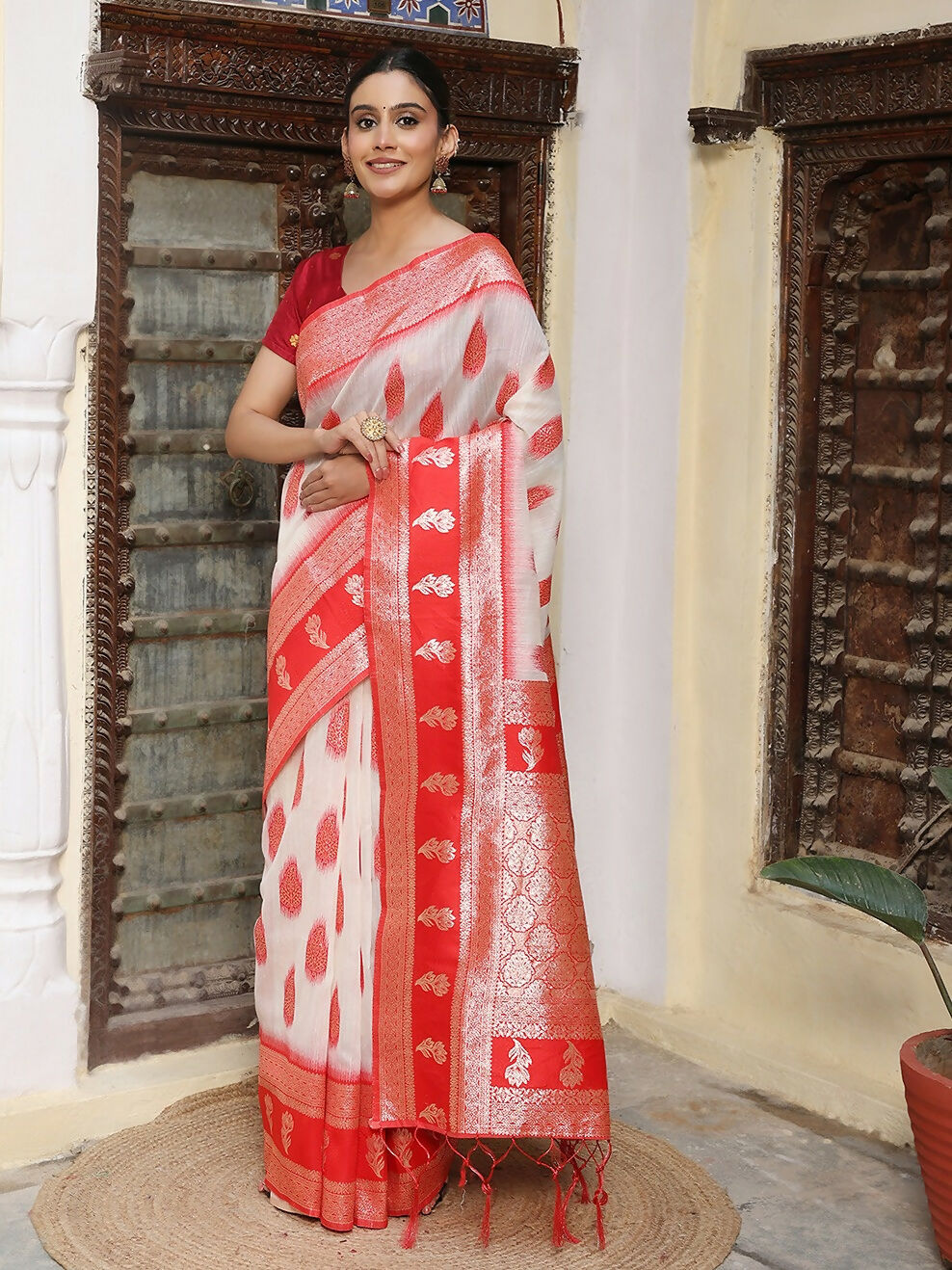 Shree Shyam Fashion White & Red Linen Cotton Saree