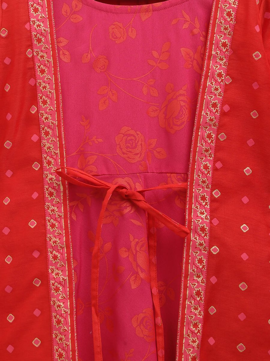 Ahalyaa Dark Pink Crepe Khari Print kids Dress Attached Jacket For Girls | Swadesiicart