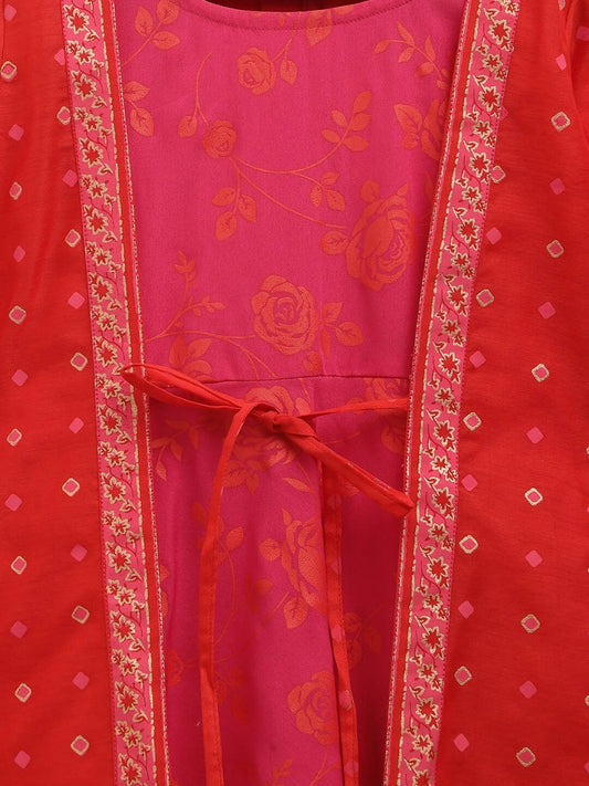 Ahalyaa Dark Pink Crepe Khari Print kids Dress Attached Jacket For Girls | Swadesiicart