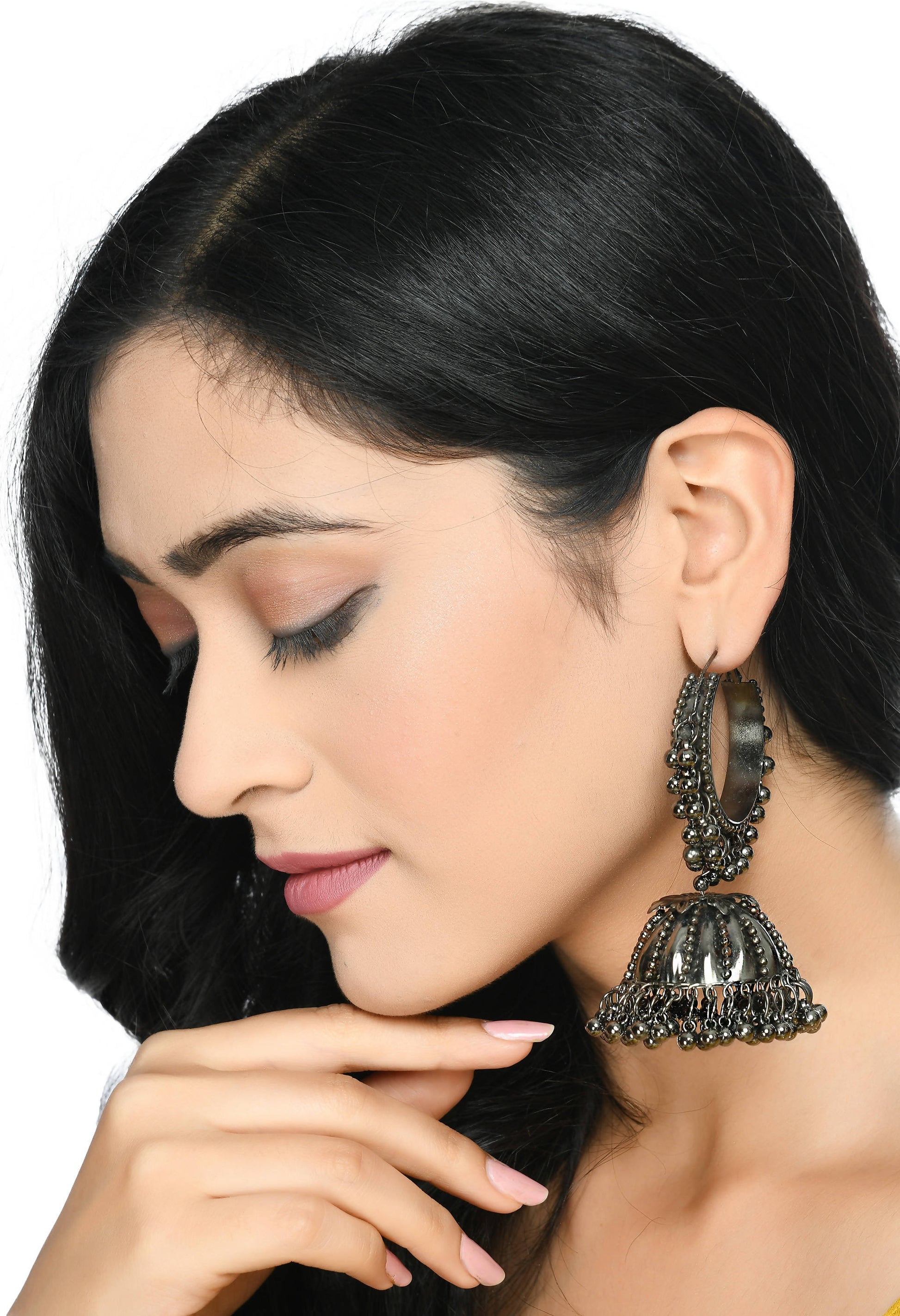Mominos Fashion Johar Kamal Oxidised Black-Plated With Ghungroo Jhumkas - Swadesiicart