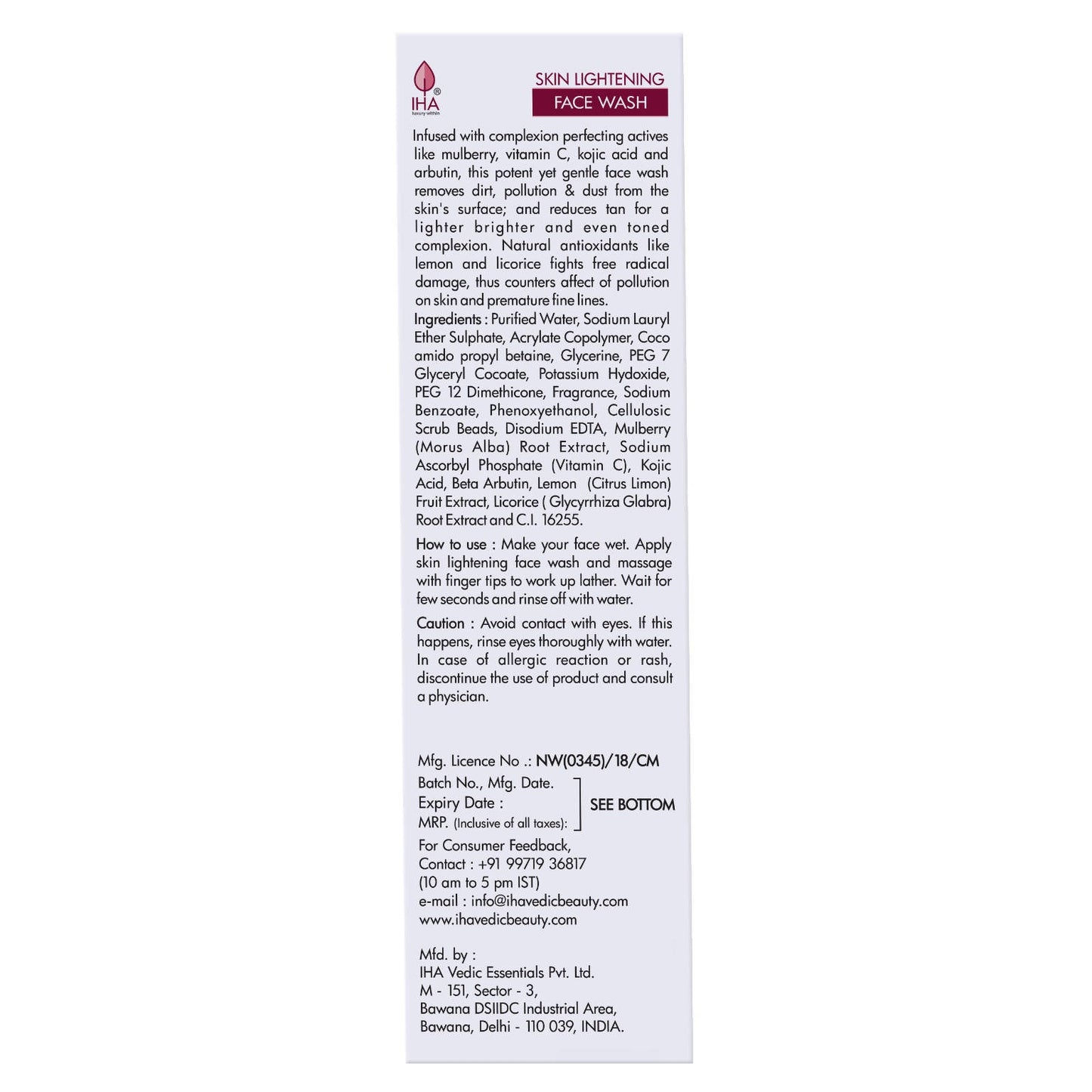 Iha Skin Lightening Face Wash with Mulberry & Licorice - Swadesiicart