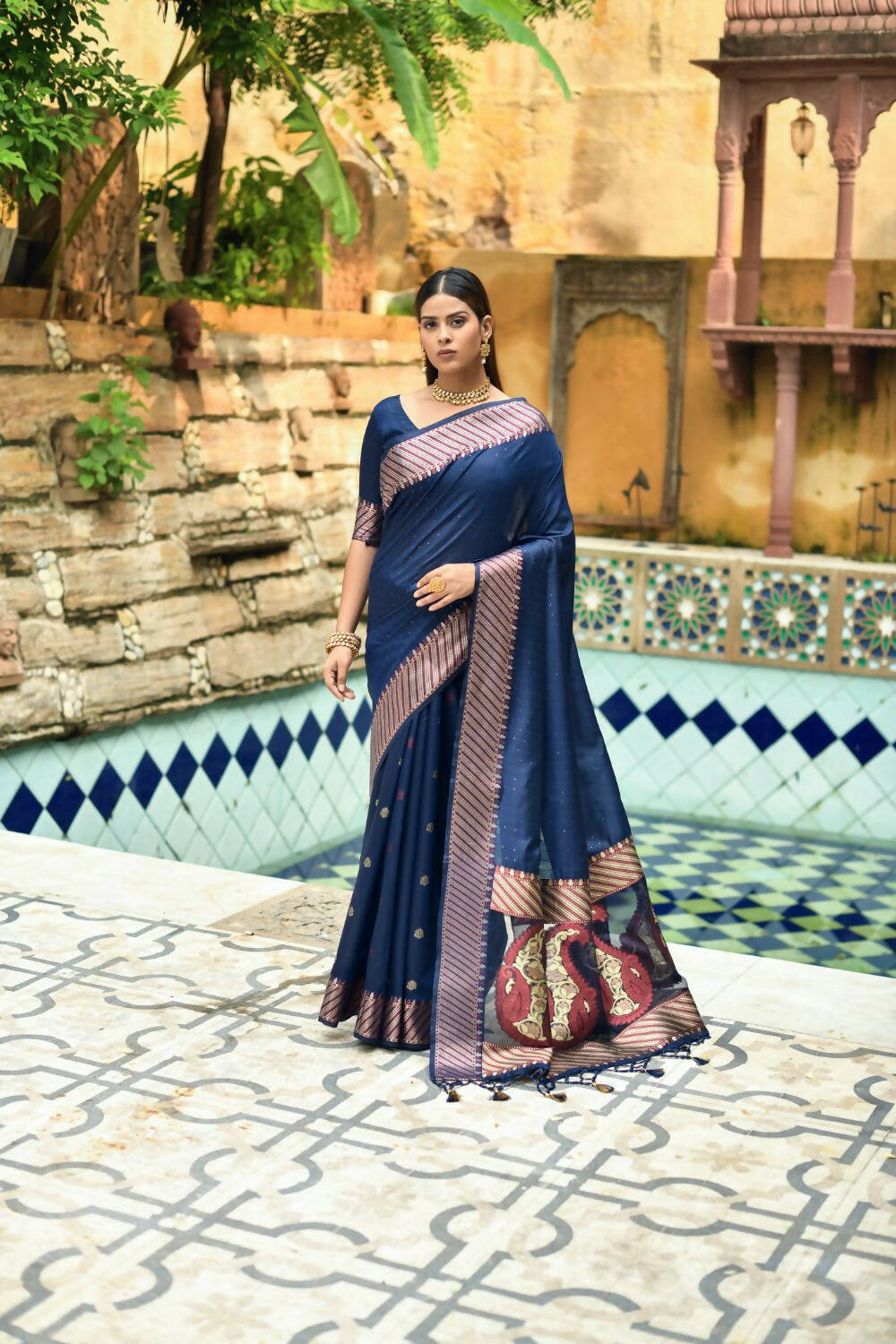 Vishnu Weaves Women's Blue Cotton Silk Zari Woven Butta Work Saree with Blouse - Swadesiicart