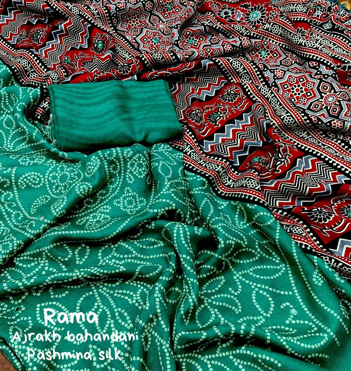 Green Silk Blend Ajrak Saree with Unstitched Blouse - Hiral Fashion | Swadesiicart