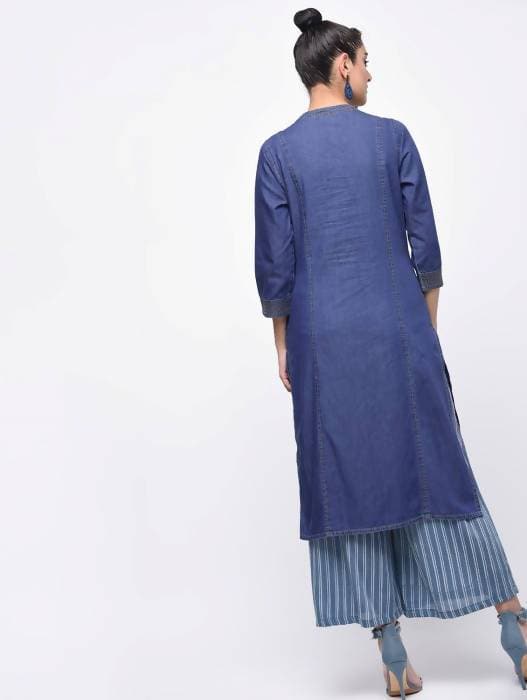 Aniyah Denim Princess Line Straight Kurta In Blue (AN-128K) - Swadesiicart