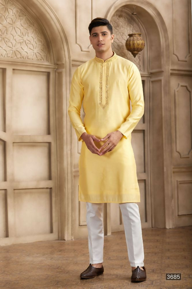 Raivat Ethnic Banarasi Art Silk Mirror Work Kurta Pajama In Yellow Colour | Swadesiicart