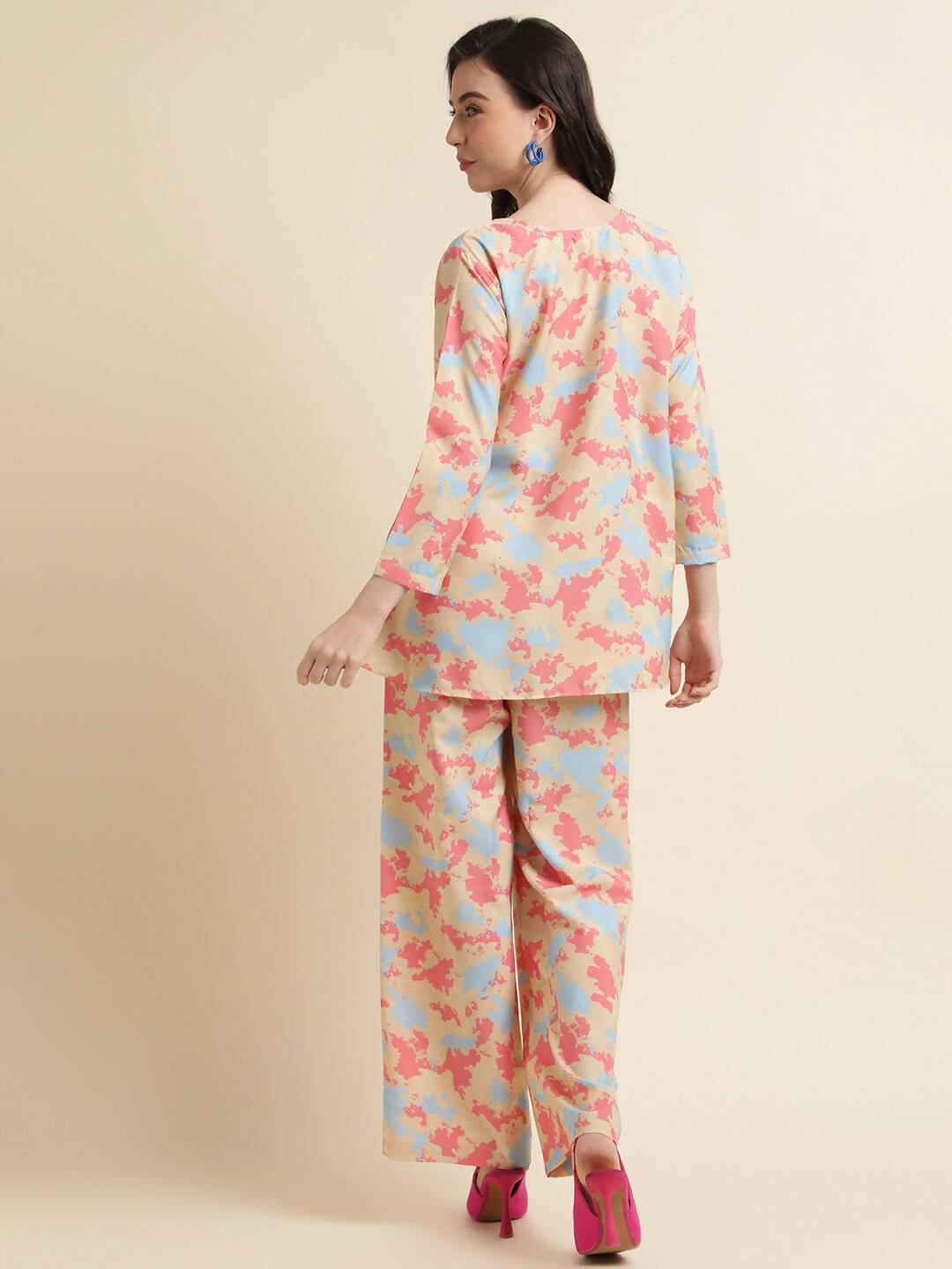Beige & Pink Poly Crepe Digital Printed Top with Matching Bottom - Preeti