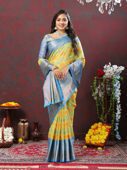 Lorenvalley Fashion Yellow Cotton Woven Design Zari Meenakari Weaving Saree - Swadesiicart