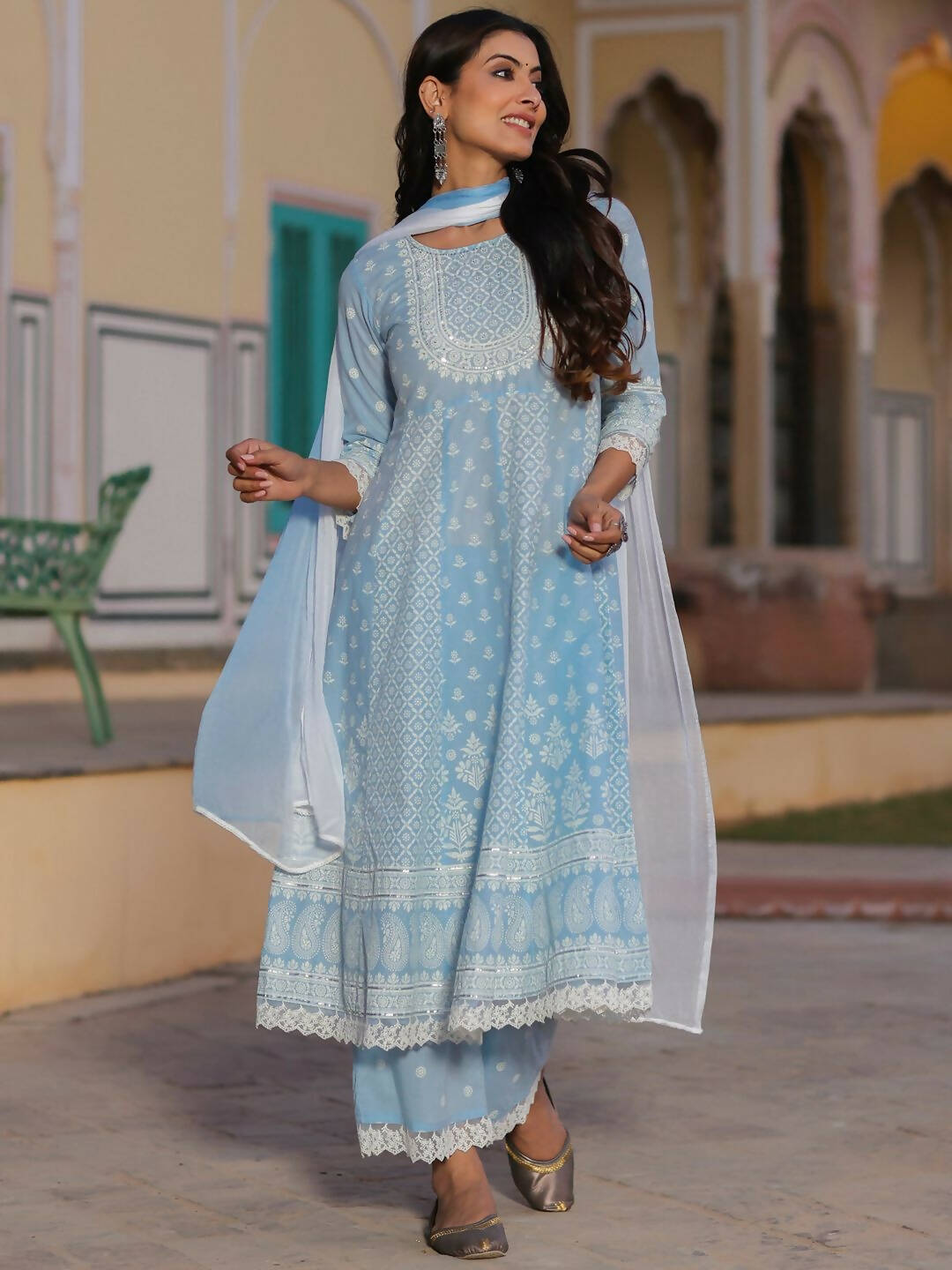 Juniper Women's Powerblue Cambric Floral Printed Anarkali Kurta Sets | Swadesiicart