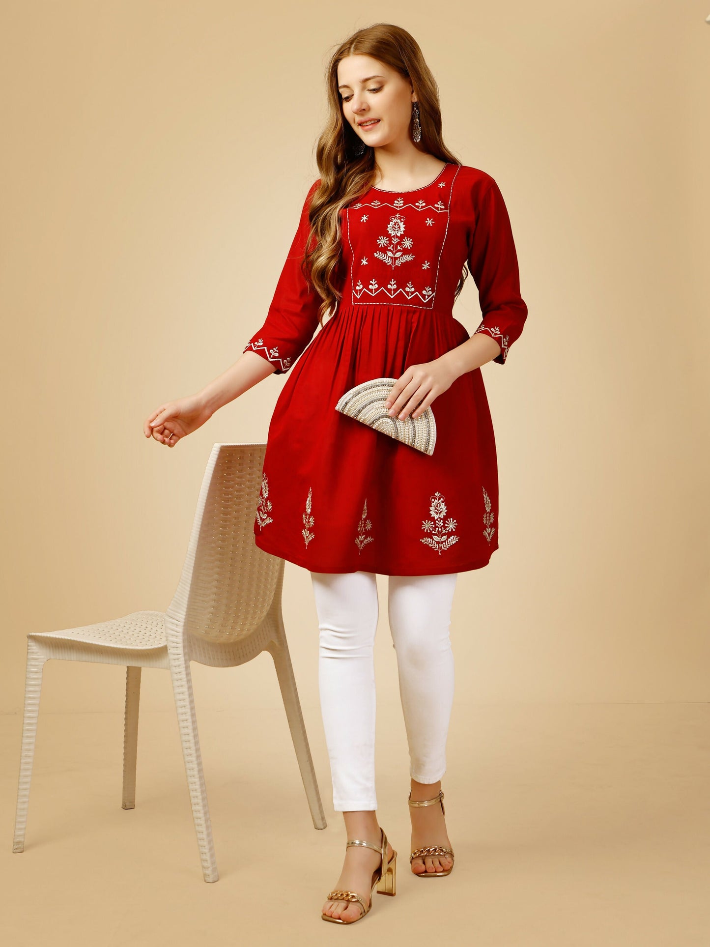 Jyoti Fashion Women's Red Viscose Rayon Embroidered Casual Top | Swadesiicart