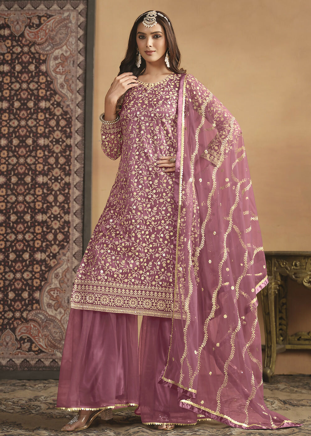Net Onion Pink Embroidered Festive Gharara Style Suit - Emponline | Swadesiicart