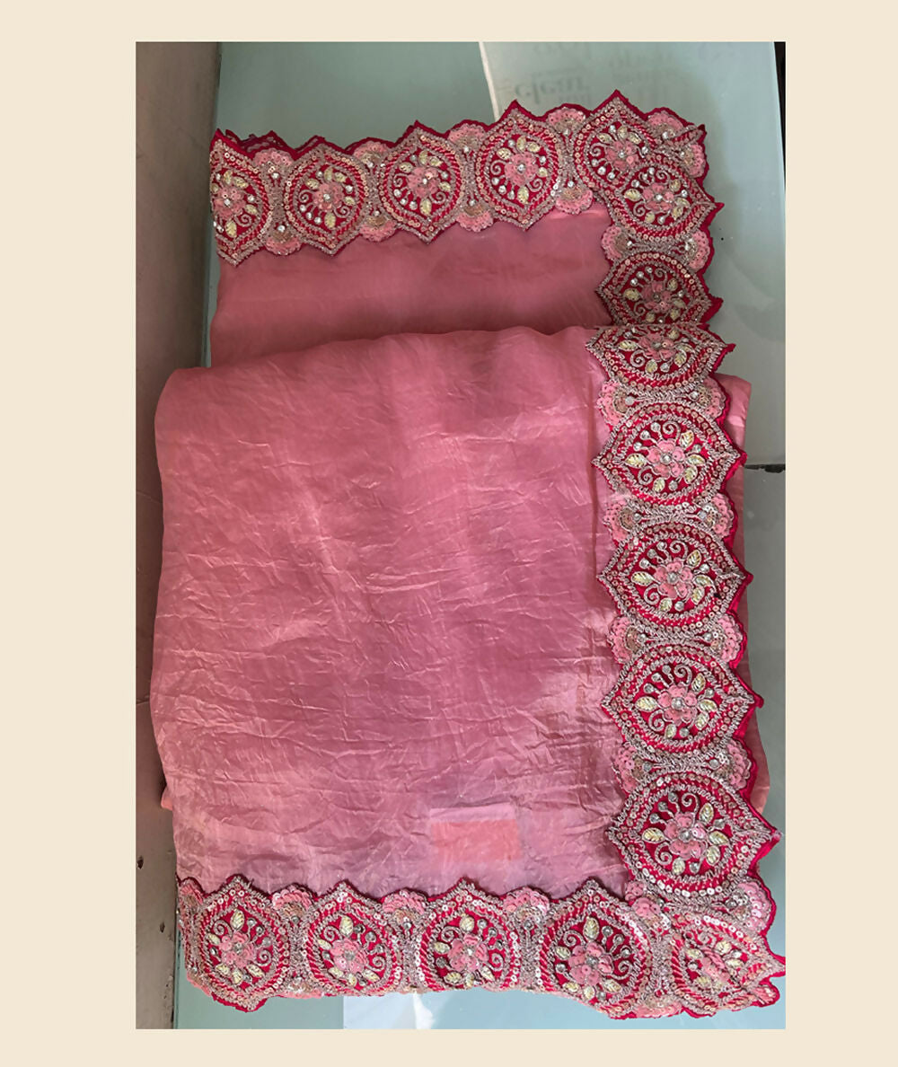 Pink Banarasi Crush Silk Thread, Sequence, Cord and jari Embroidered with Stone Work Saree - Mohmanthan Dakshika | Swadesiicart