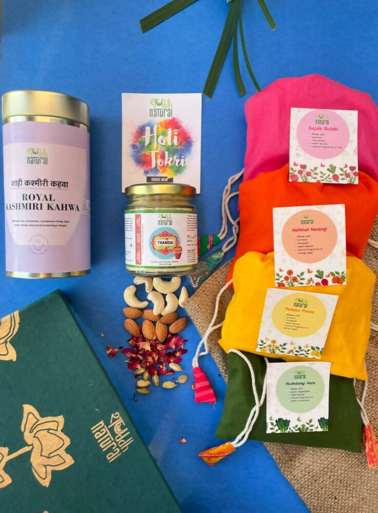 Shuddh Natural Ubtan Based Herbal Gulal | Ayurvedic Thandai Powder |Kashmiri Kahwa| Holi Gift Hamper | Swadesiicart