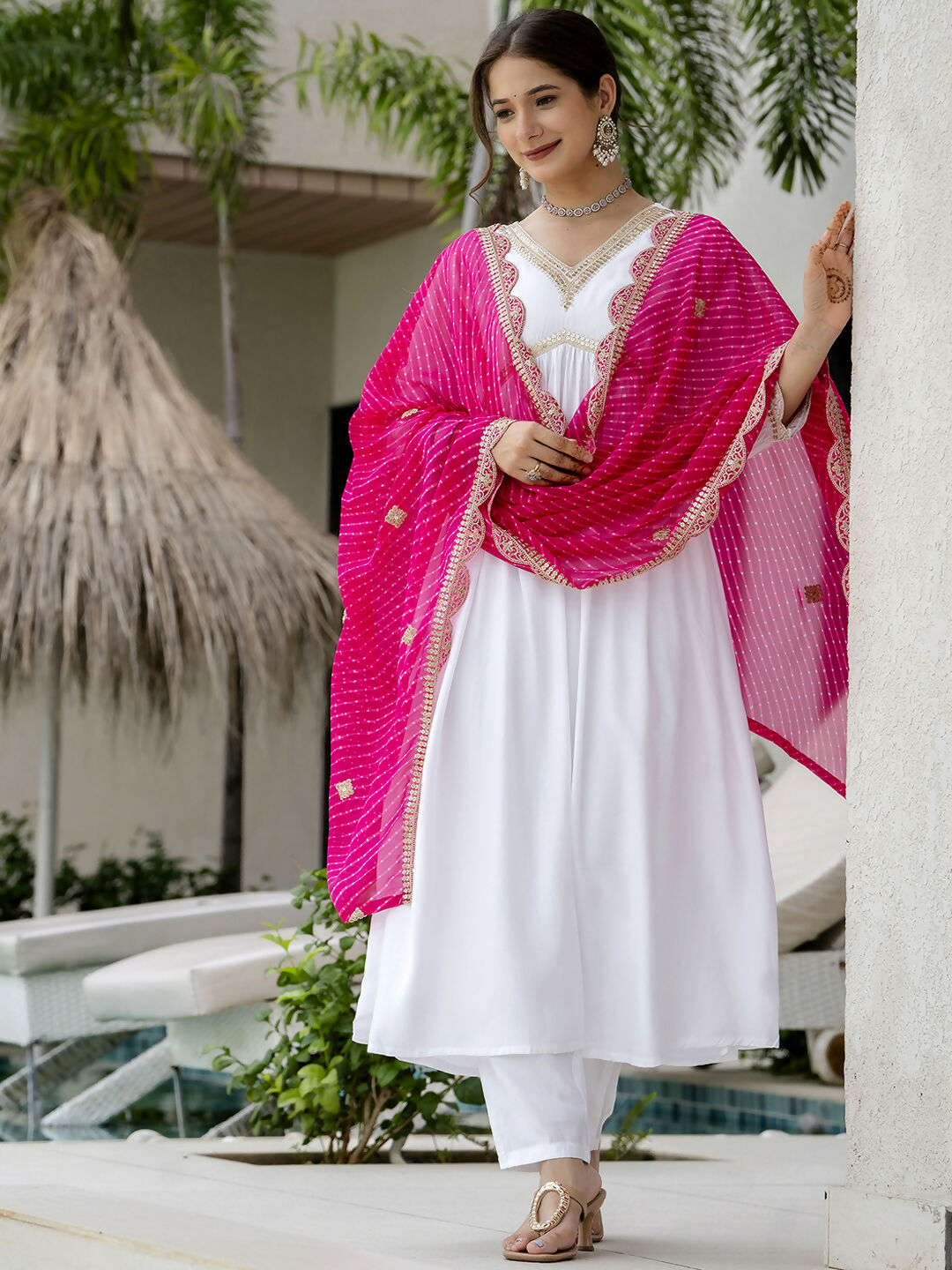 The52 White Women's Gorgeous Embroidered Chanderi Fabric Straight Kurta, Pant and Dupatta Set - Swadesiicart