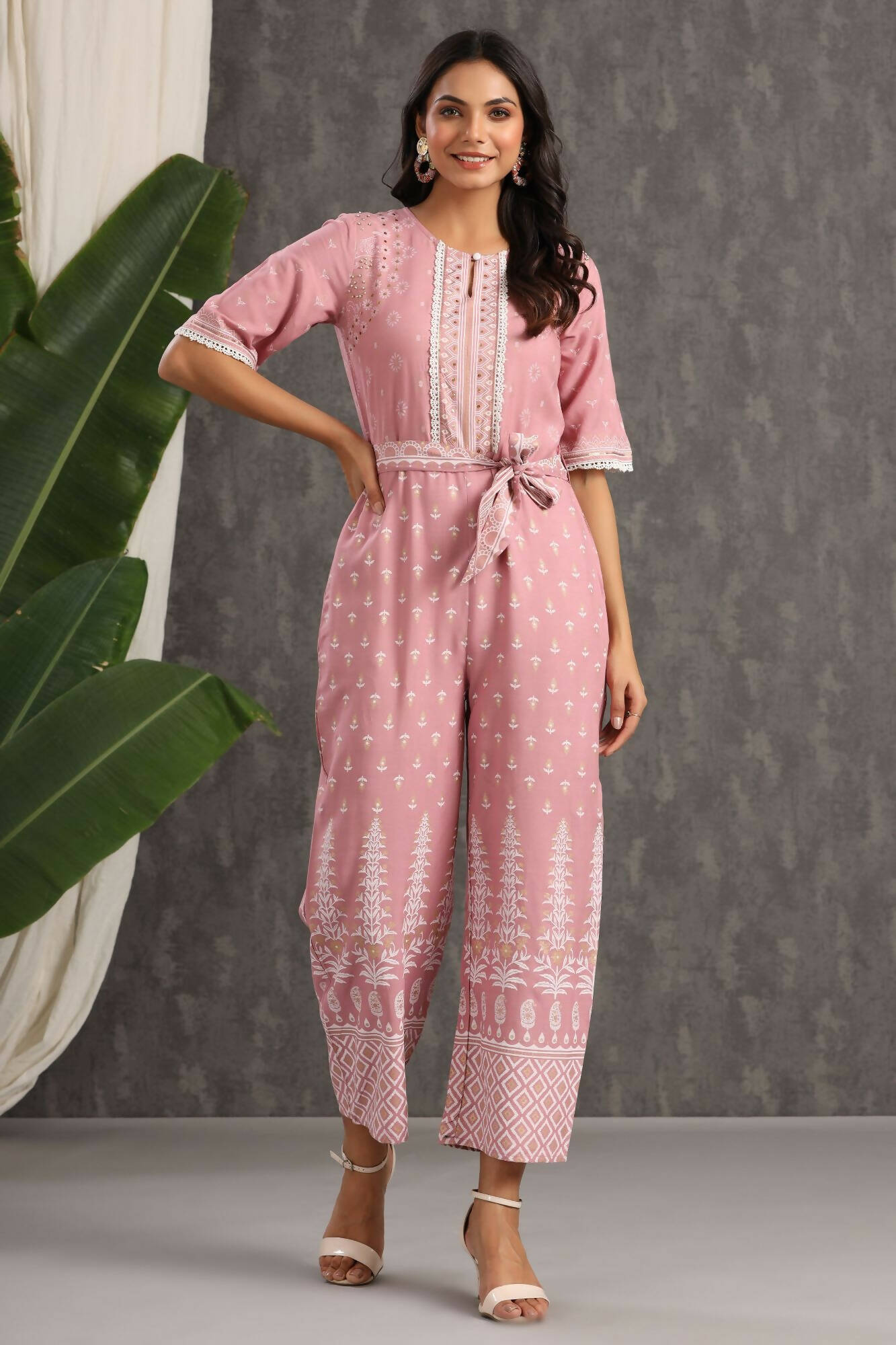 Juniper Women Onionpink Rayon Printed Straight Jumpsuit - Swadesiicart