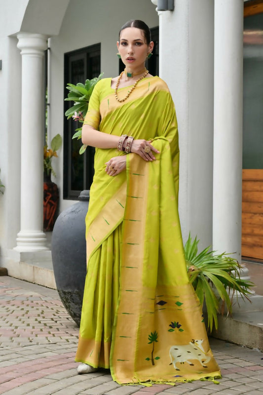 Vishnu Weaves Women's Mahendi Paithani Silk Zari Woven Saree with Blouse - Swadesiicart