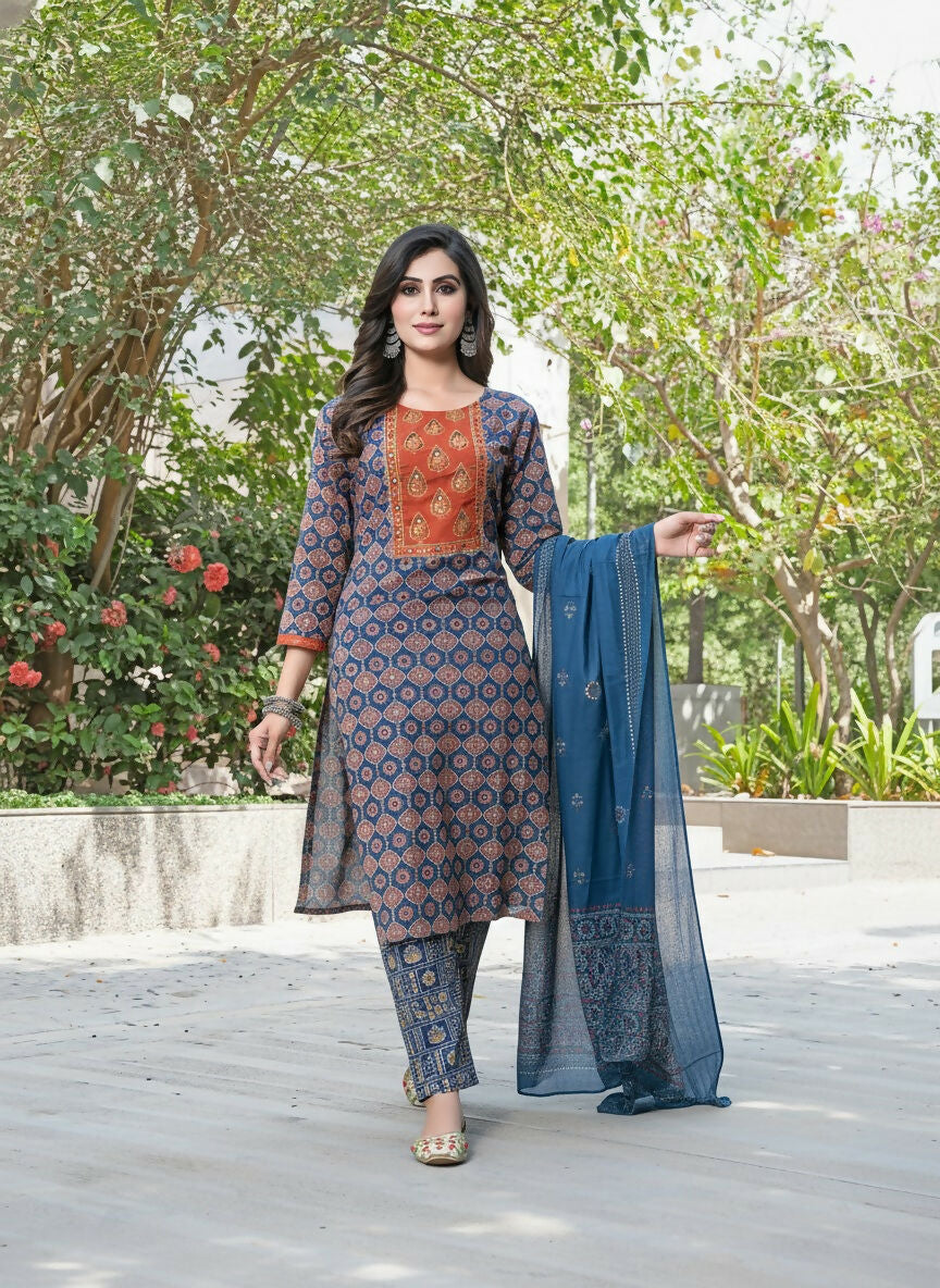 BulBul Aaliya Classic Cotton Navy Kurta Set with Dupatta - Swadesiicart