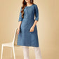 Jyoti Fashion Women's Denim Blue Cotton Blend Embroidered Kurta Pant Set | Swadesiicart