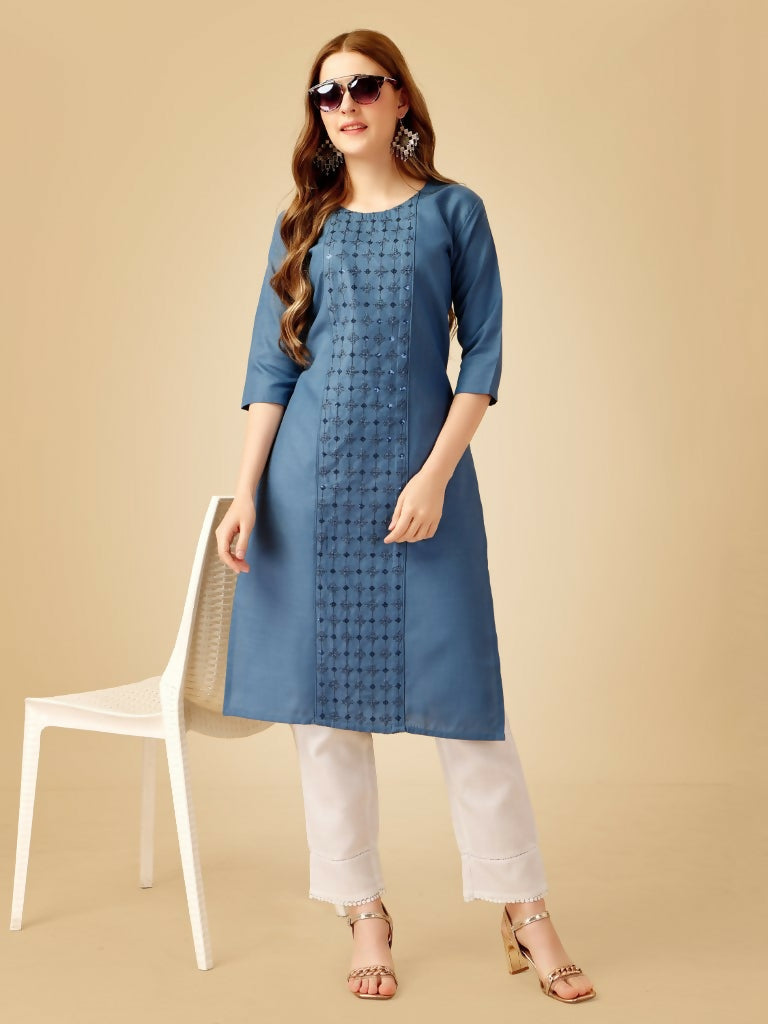 Jyoti Fashion Women's Denim Blue Cotton Blend Embroidered Kurta Pant Set | Swadesiicart