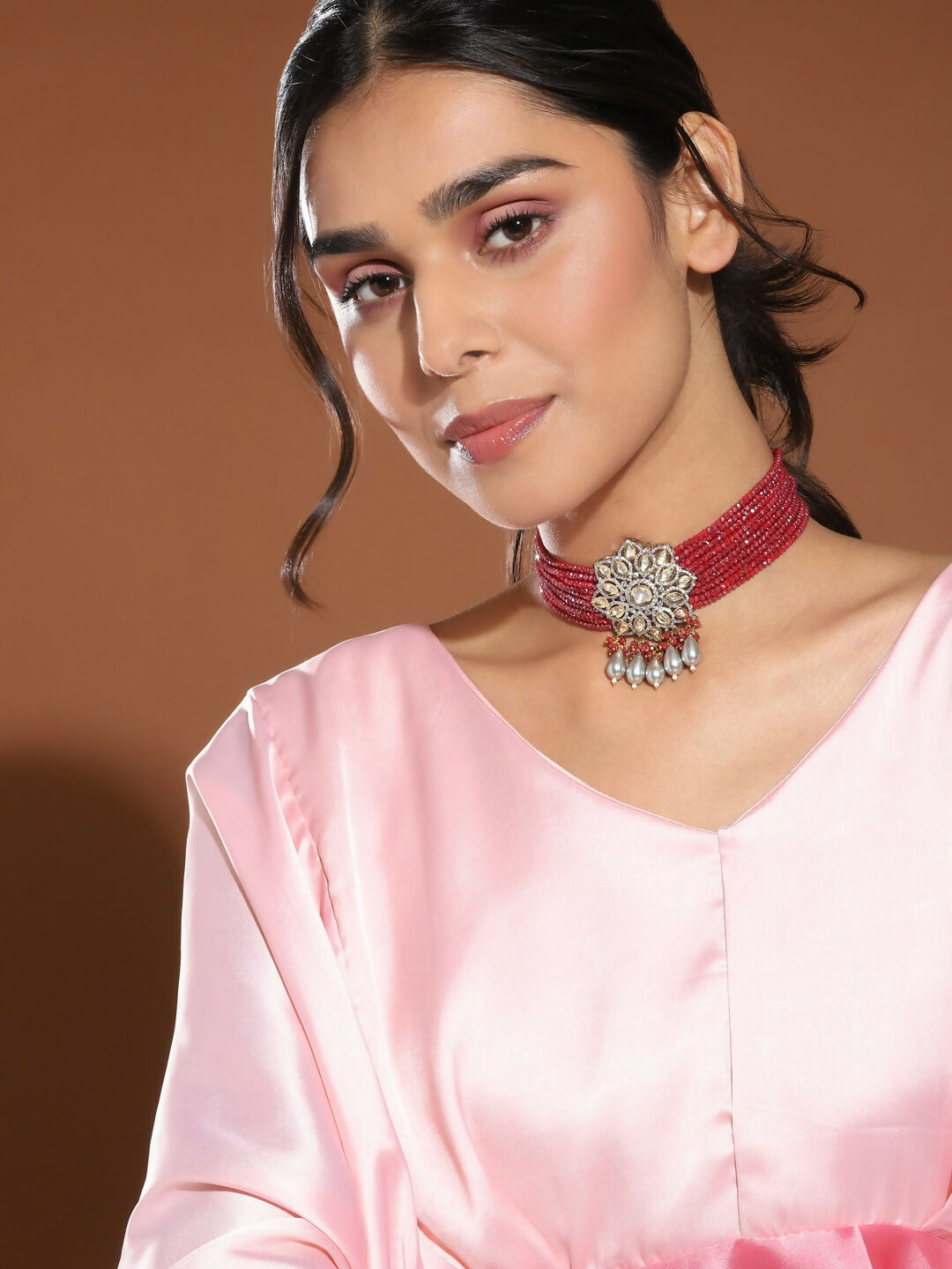 Maroon Kundan Choker with Pearl Drops- Ruby Raang | Swadesiicart