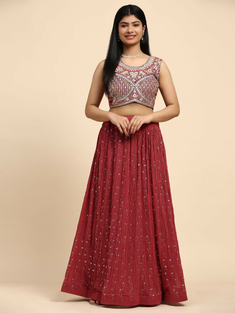 Red Georgette Embroidered Lehenga choli with Dupatta - Dhara | Swadesiicart
