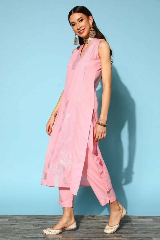 Ahalyaa Women Pink Colour Cotton Silver Foil Printed Kurta Pant Set | Swadesiicart