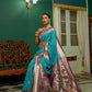 Vishnu Weaves Women's Teal Paithani Silk Zari Woven Saree with Unstitched Blouse - Swadesiicart
