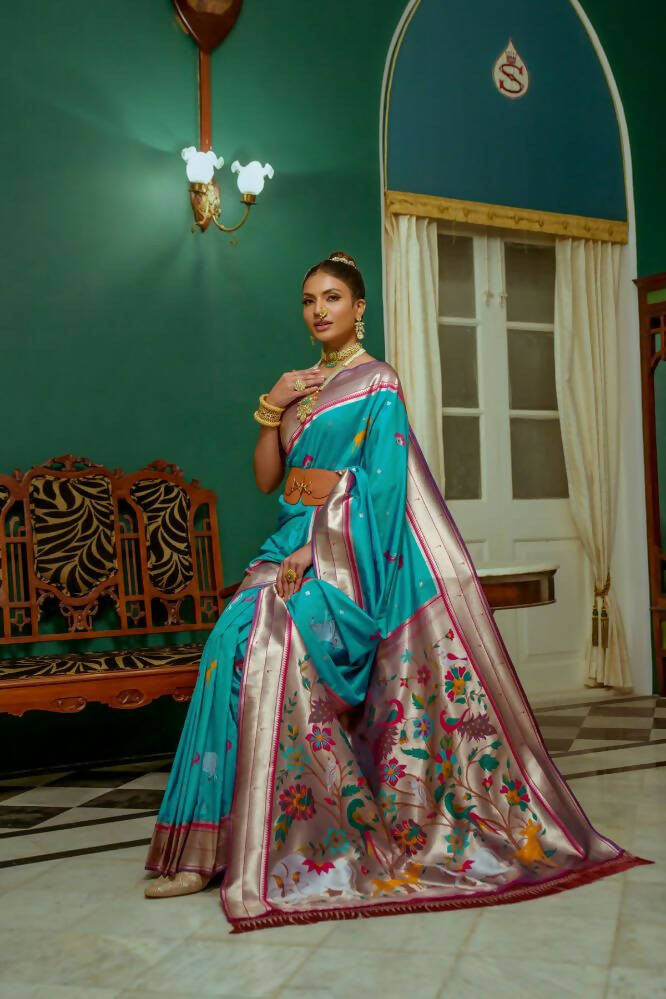 Vishnu Weaves Women's Teal Paithani Silk Zari Woven Saree with Unstitched Blouse - Swadesiicart