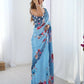 Blue Chinon Designer Digital Printed,Mirror Cut Work Saree - Elayna