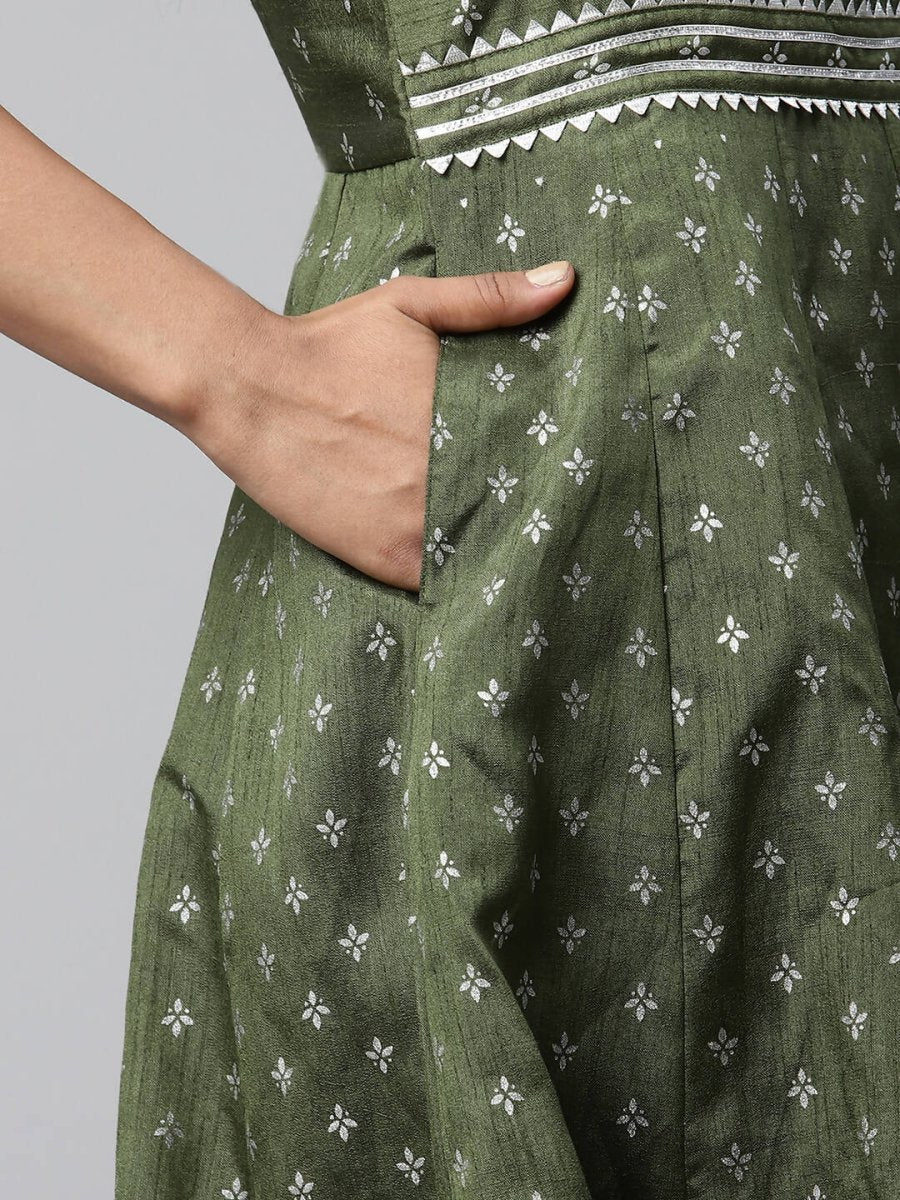 Ahalyaa Women Olive Poly Silk Silver Foil Printed Dress | Swadesiicart