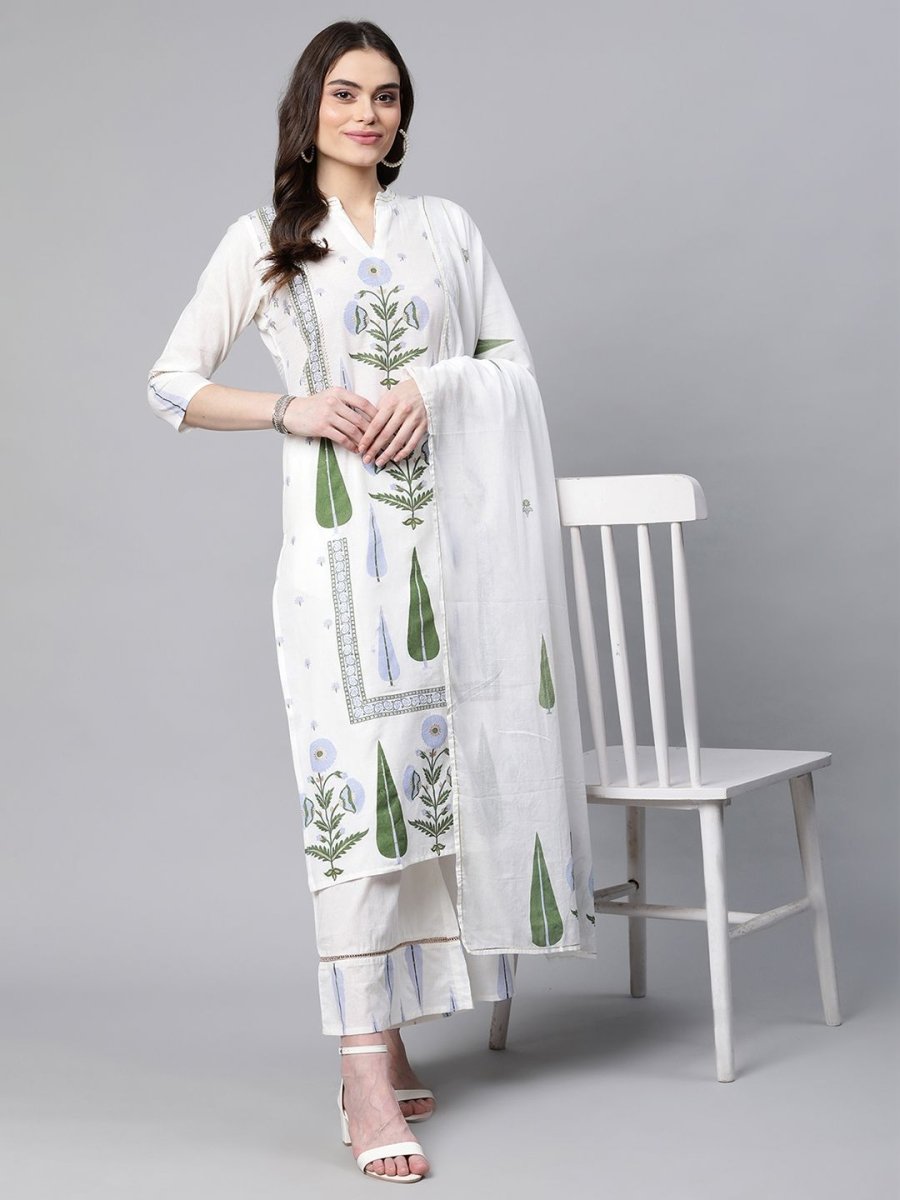 Ahalyaa Women Off White Colour Pure Cotton Printed Kurta Palazzo Set With Dupatta | Swadesiicart