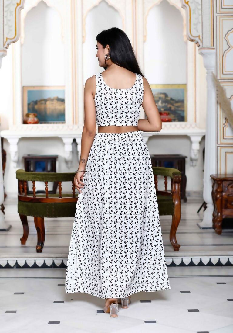 Miravan Women's White Animal Print Round Neck Top With Side Slit Skirt Co-Ord Set - Swadesiicart