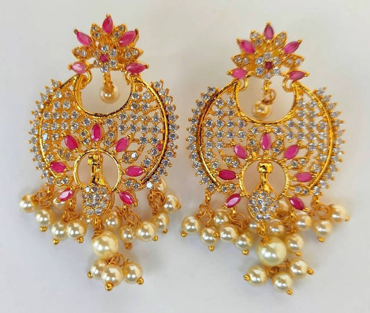 AD Ruby Designer Hanging Pearls Earrings | Swadesiicart