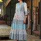 Juniper Women's Blue Cotton Cambric Geometric Printed Tiered Maxi Dress | Swadesiicart